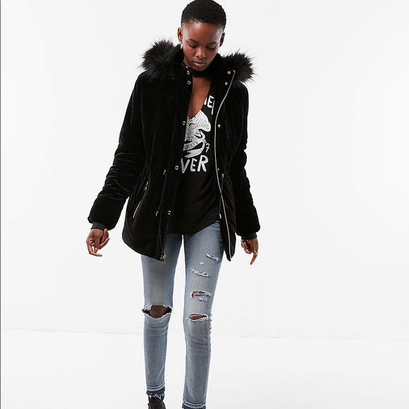 velvet hooded puffer jacket